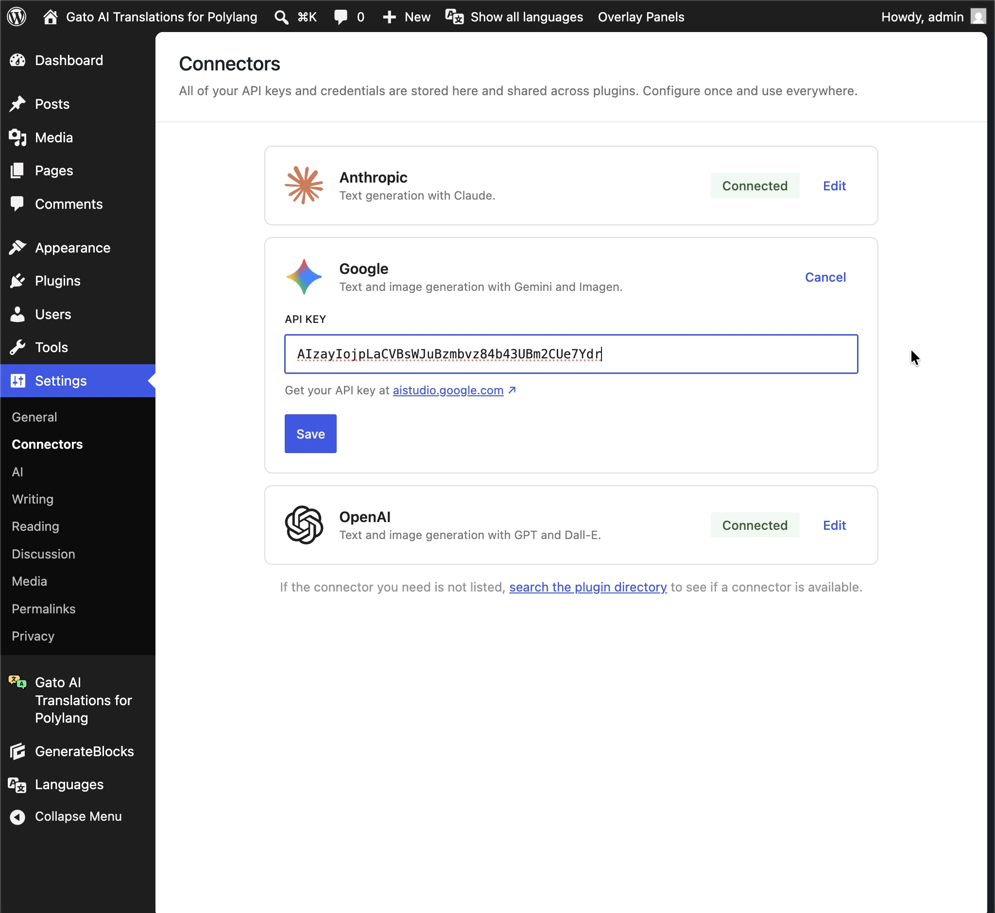 As chaves de API para Anthropic, Google e OpenAI são obtidas do WordPress AI Connectors