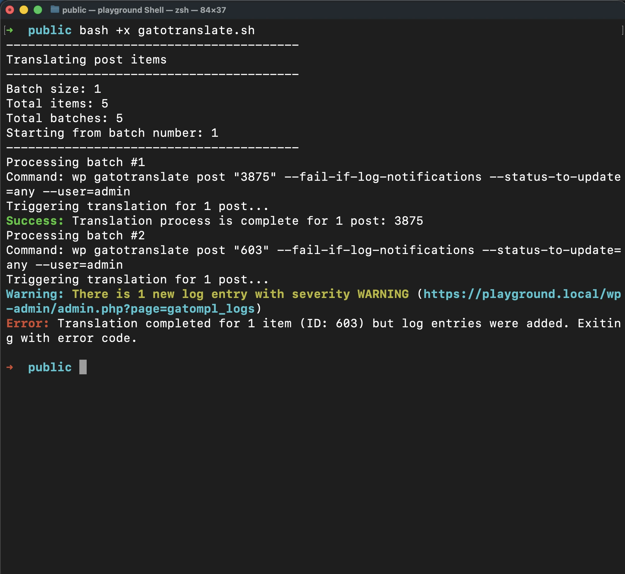 Executando o script 'gatotranslate.sh' com o parâmetro '--fail-if-log-notifications'