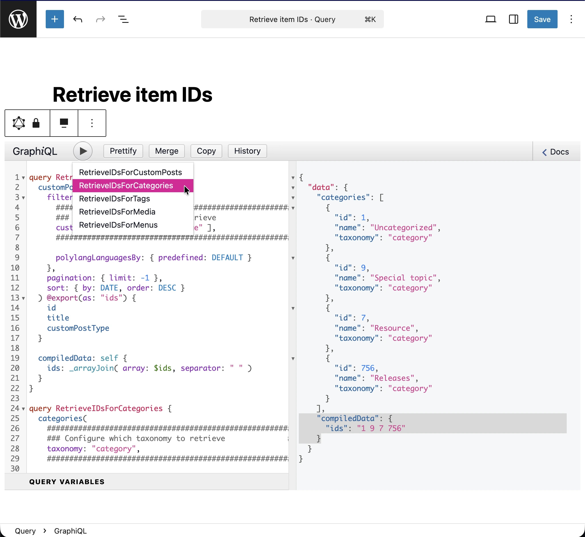Executando a query 'Retrieve item IDs'