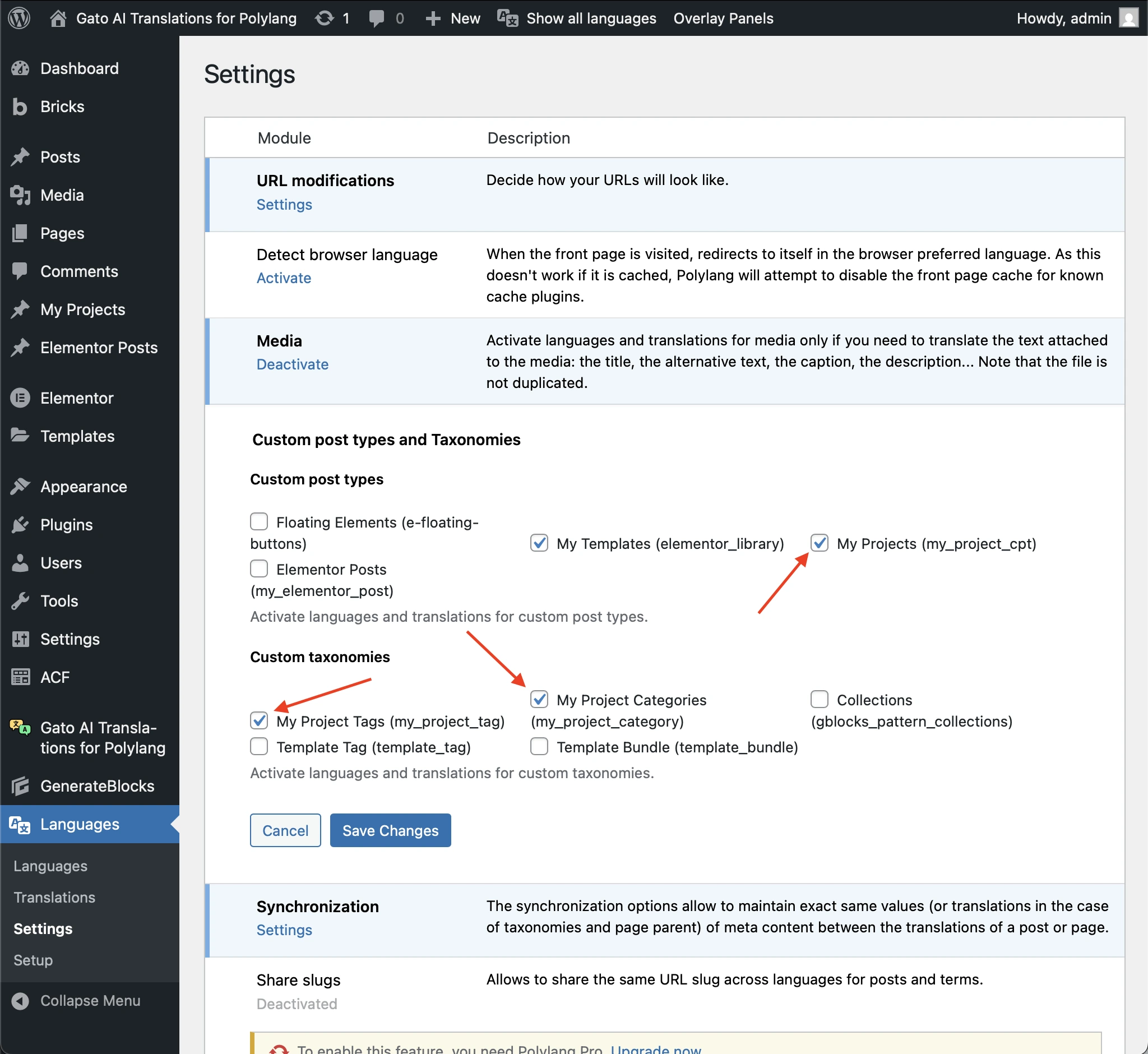 Configurar CPTs e taxonomias para tradução