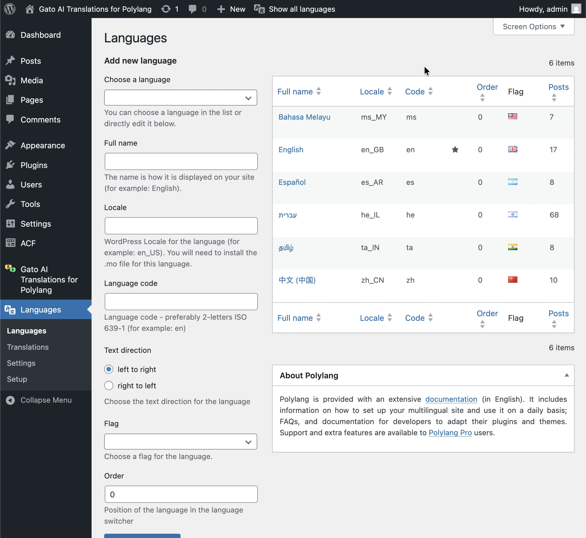 Configurar idiomas do Polylang
