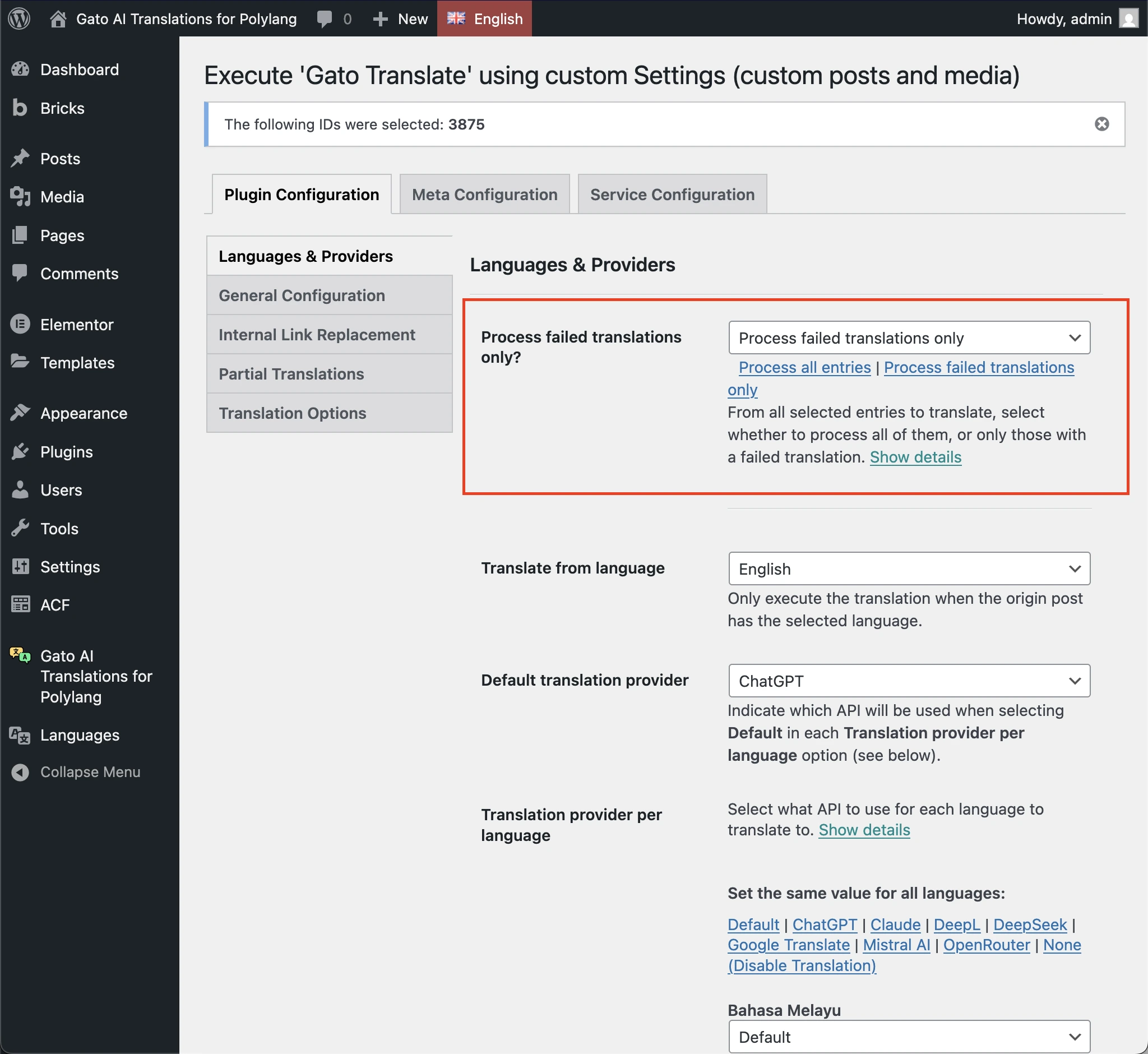 Selecionando a opção 'Process failed translations only' na página de configurações 'Gato Translate (Custom)'