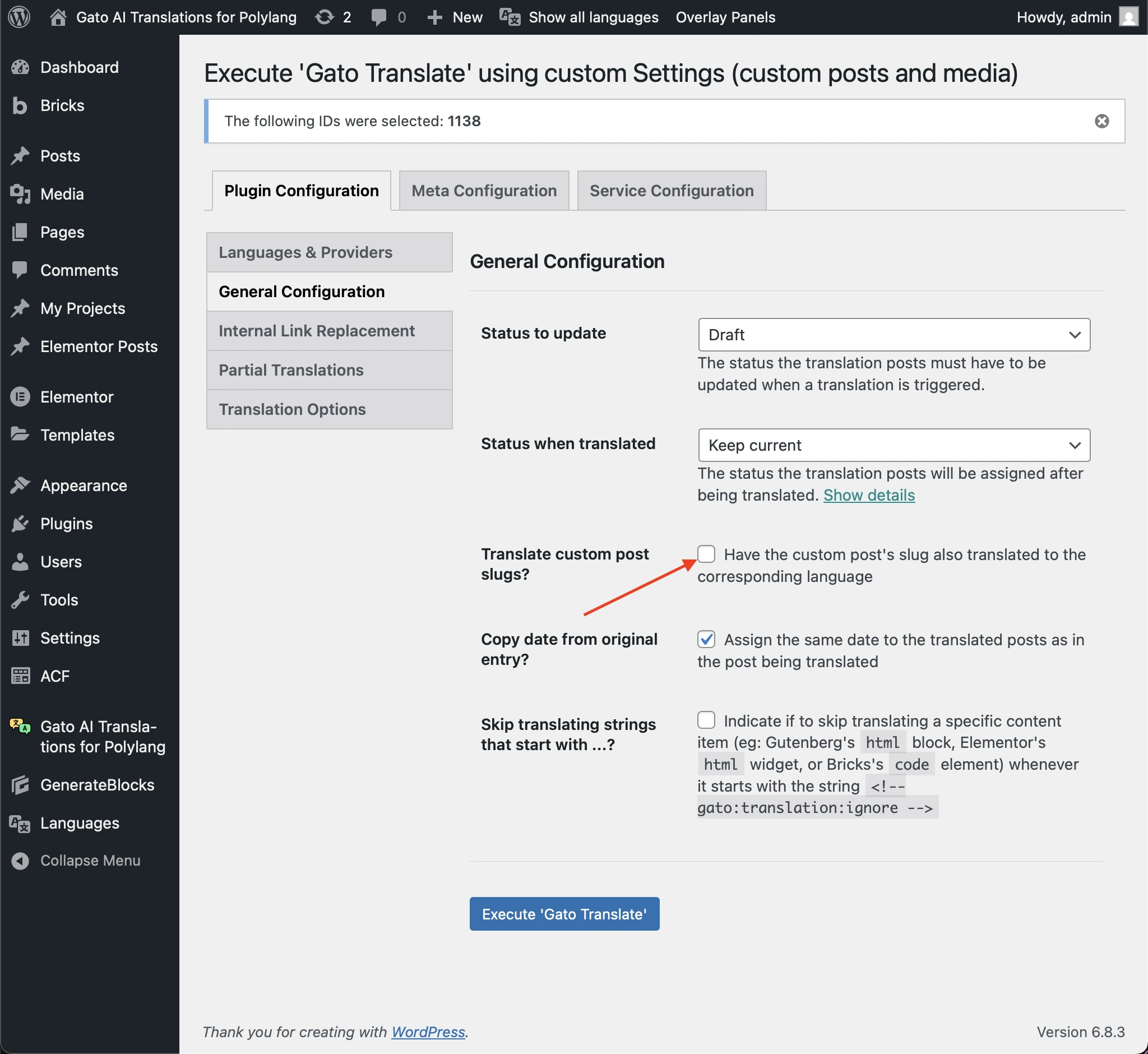 Desmarcando a opção 'Translate custom post slugs?'