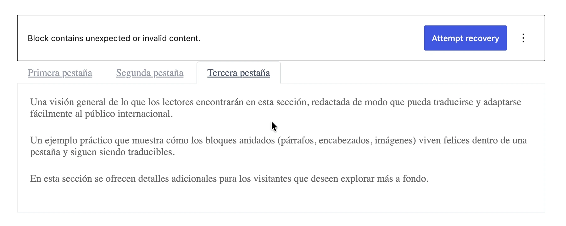 Bloco de abas Kadence traduzido exibindo o aviso Attempt Recovery