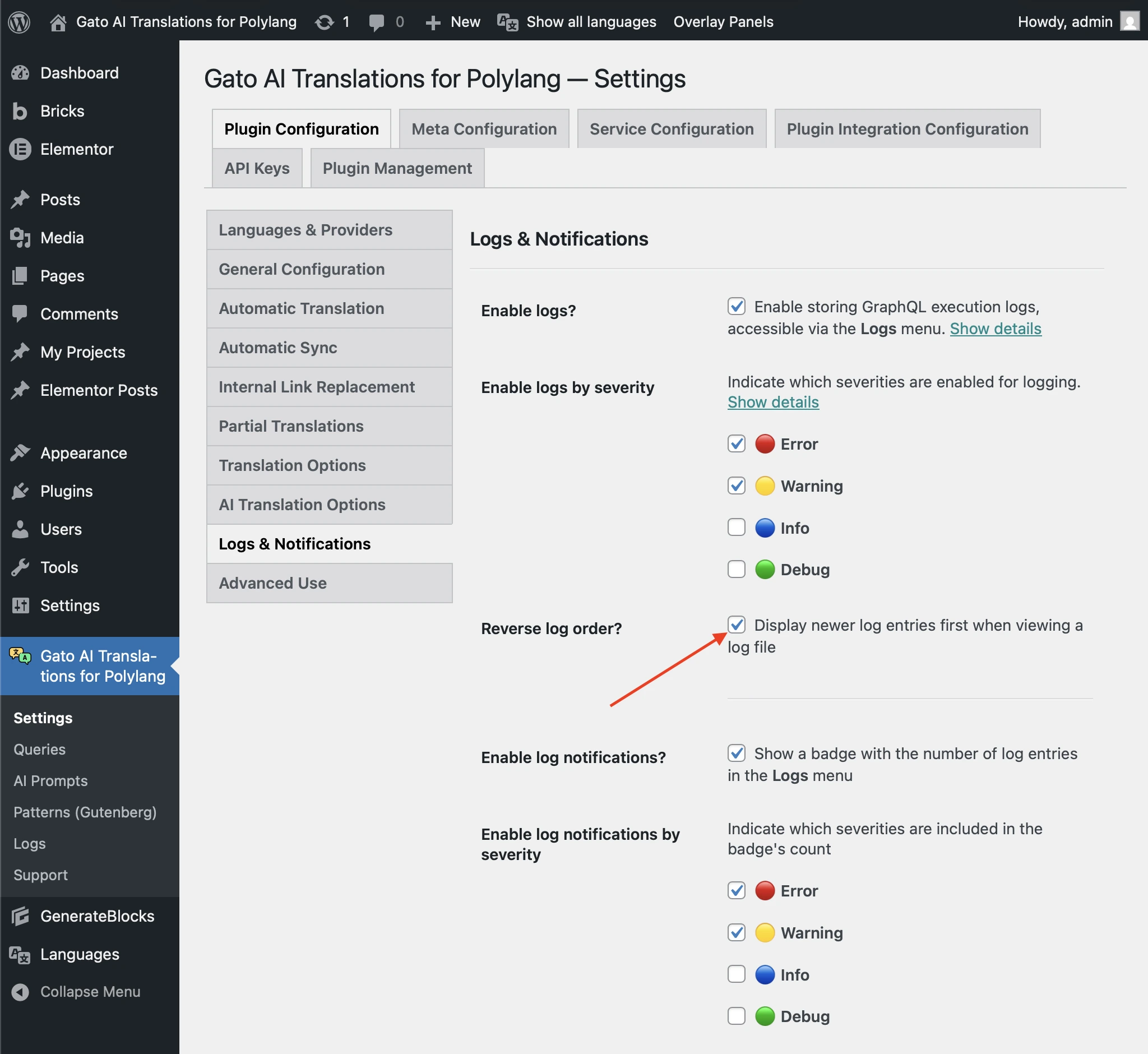 Ativando a ordem inversa nas configurações de Logs & Notifications