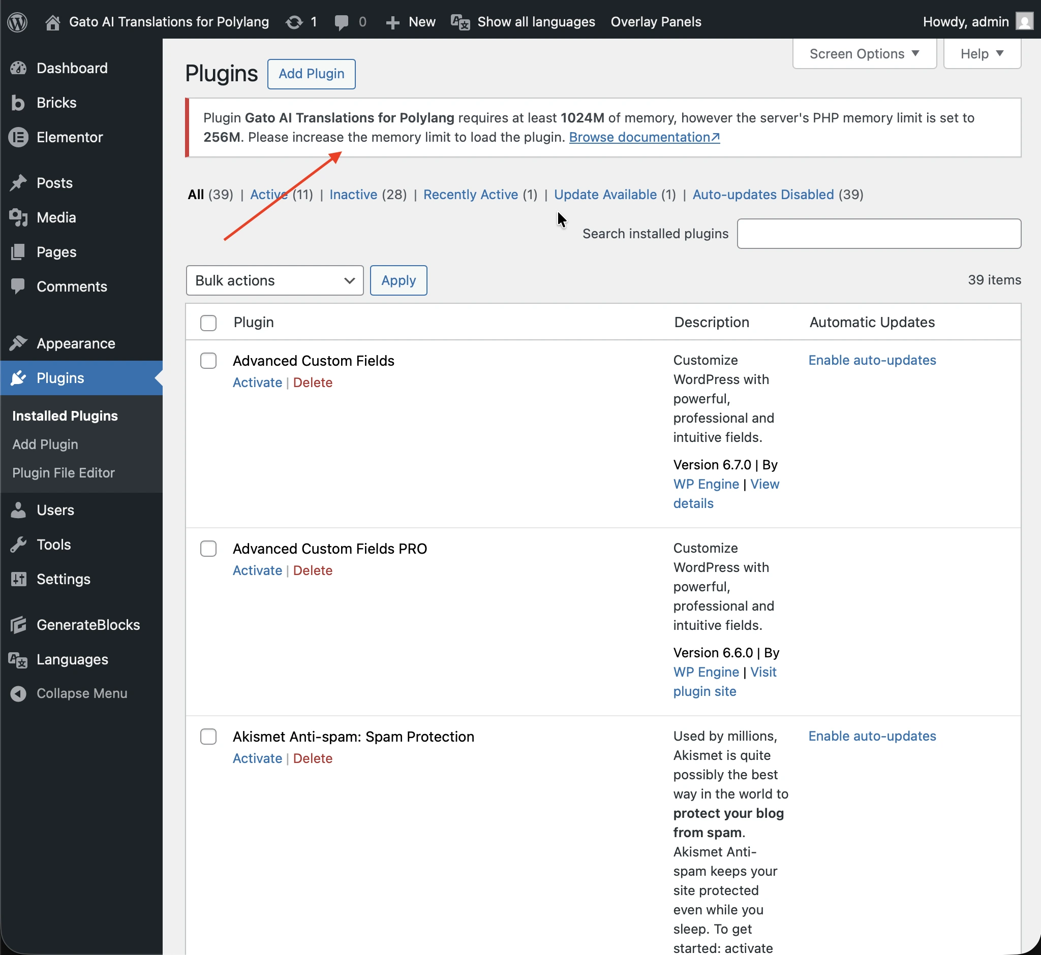 Alerta de limite de memória do plugin