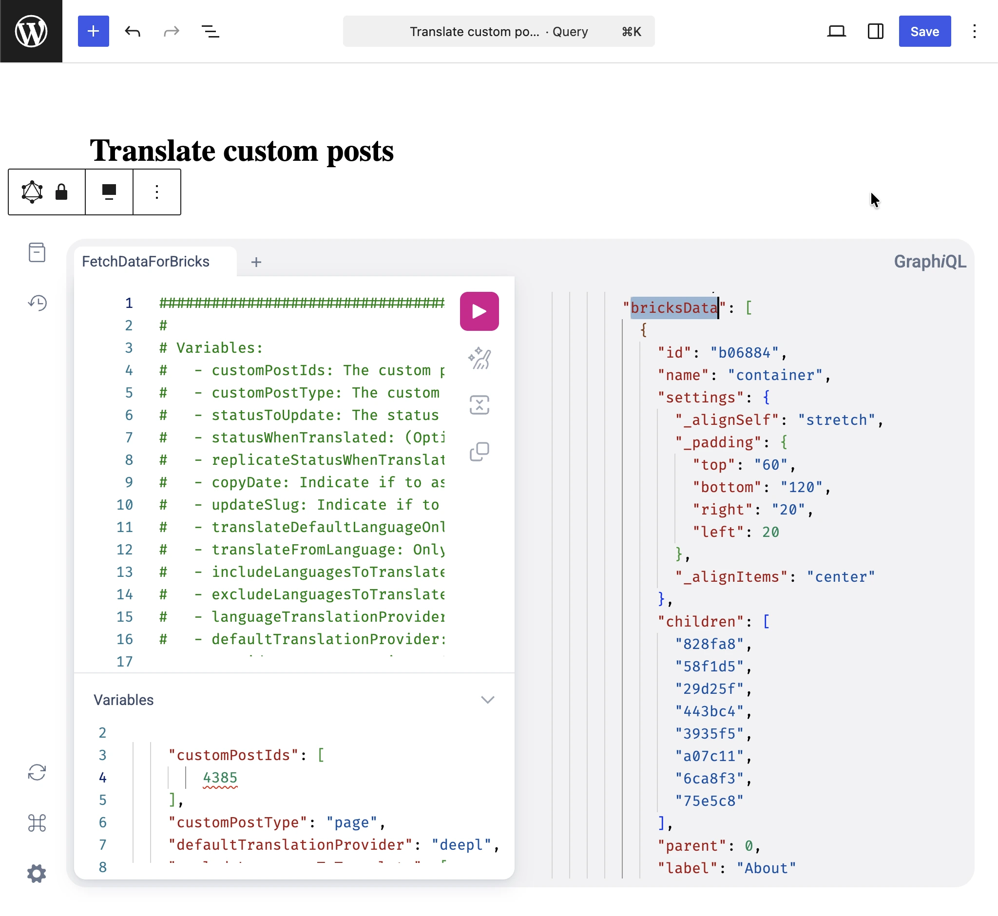 Inspecionando bricksData na resposta GraphQL do Translate custom posts