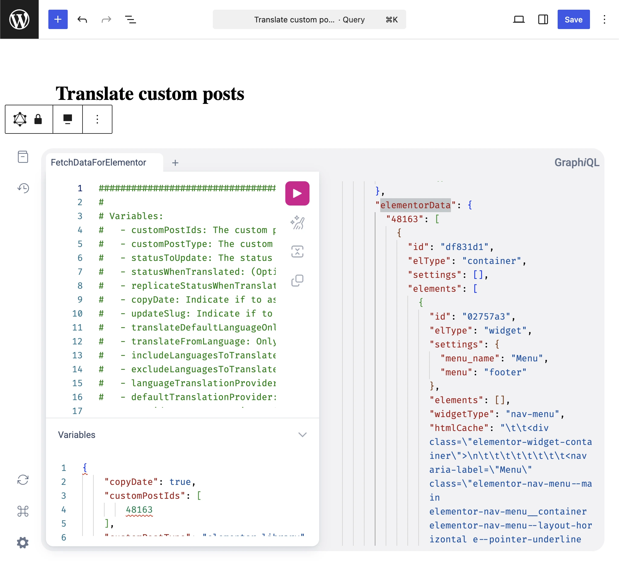 Inspecionando elementorData na resposta GraphQL de Translate custom posts