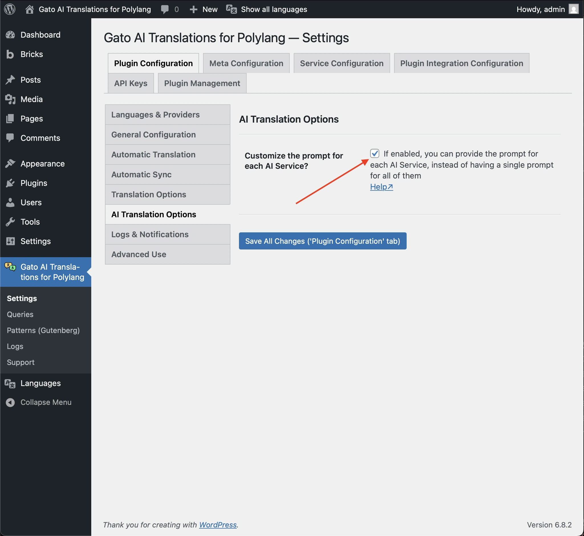 Configurações de AI Translation Options