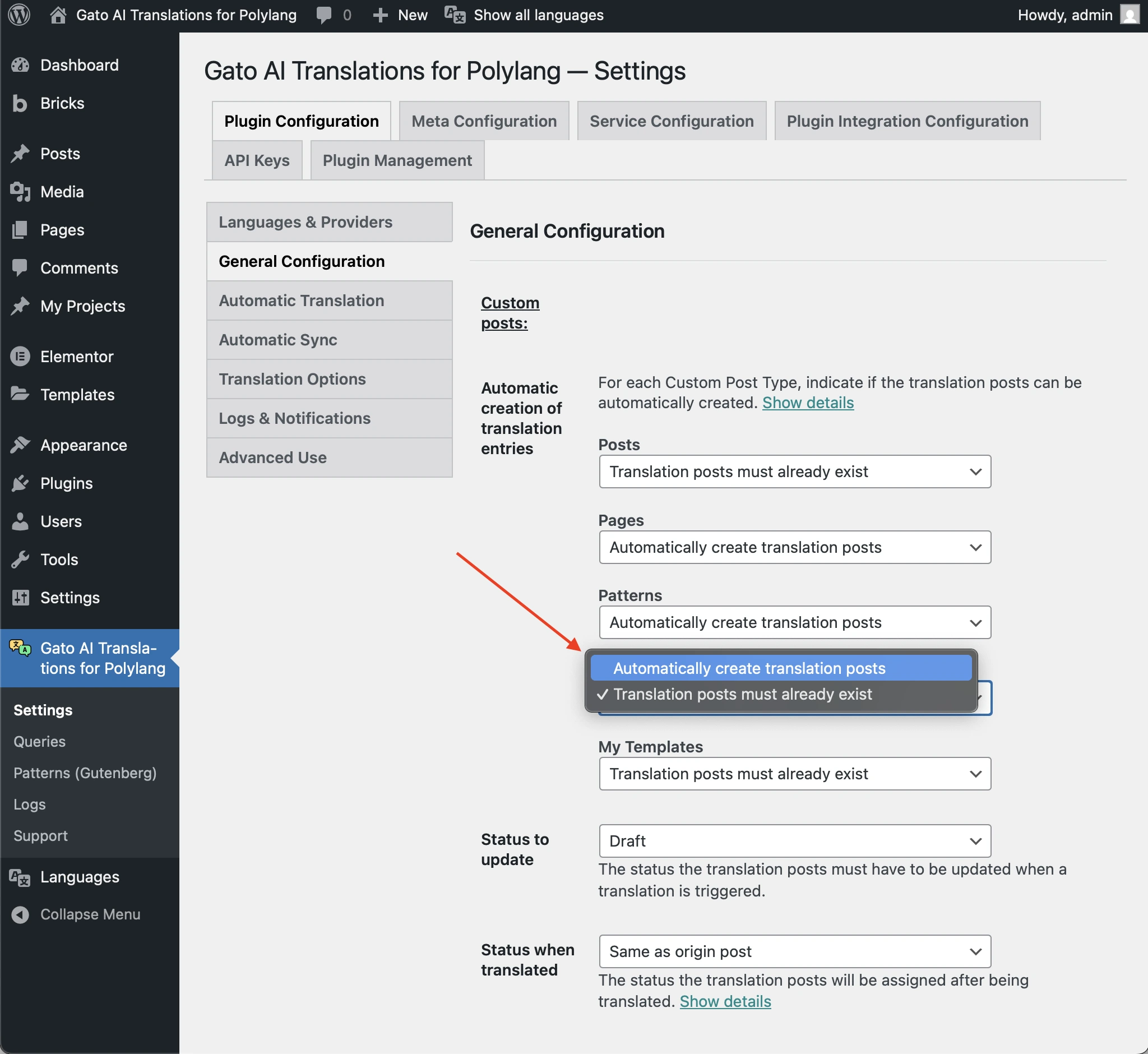 Configurando a opção 'Automatic creation of translation entries'