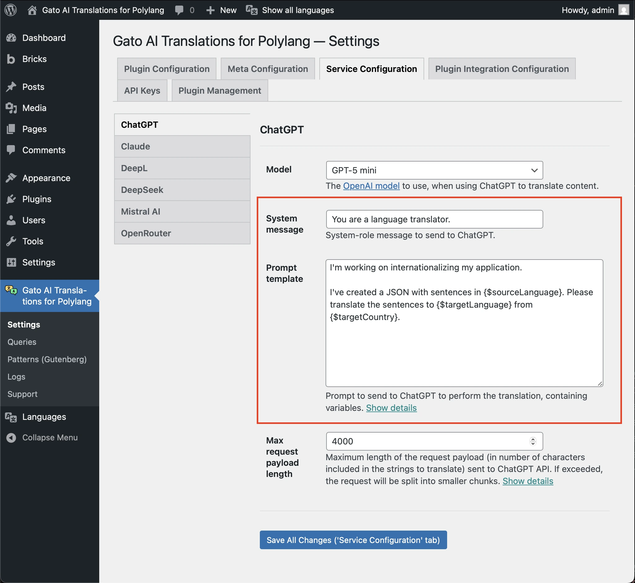 Configurações de prompt de IA personalizado
