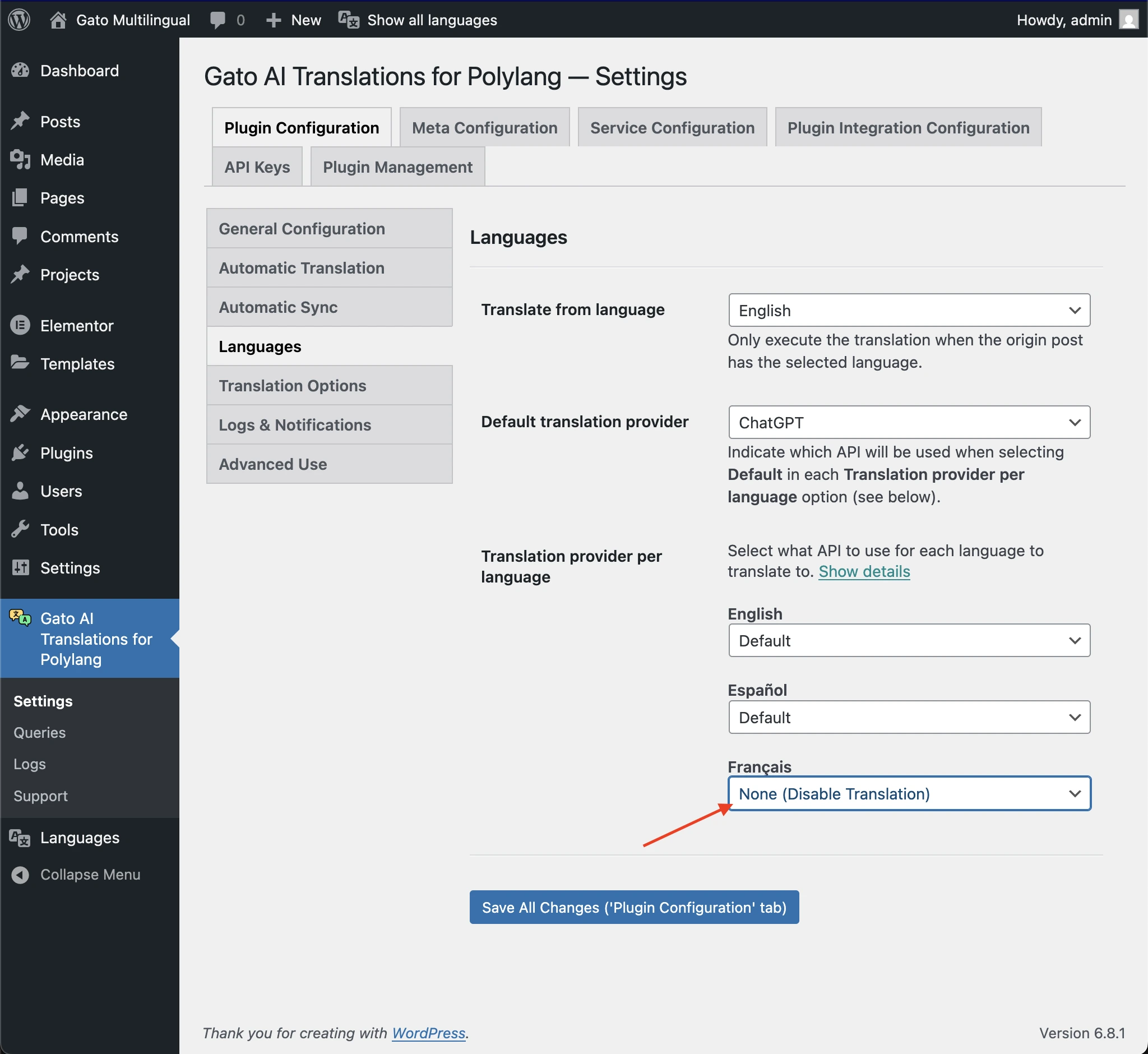 Desabilitando as traduções para um idioma nas Configurações