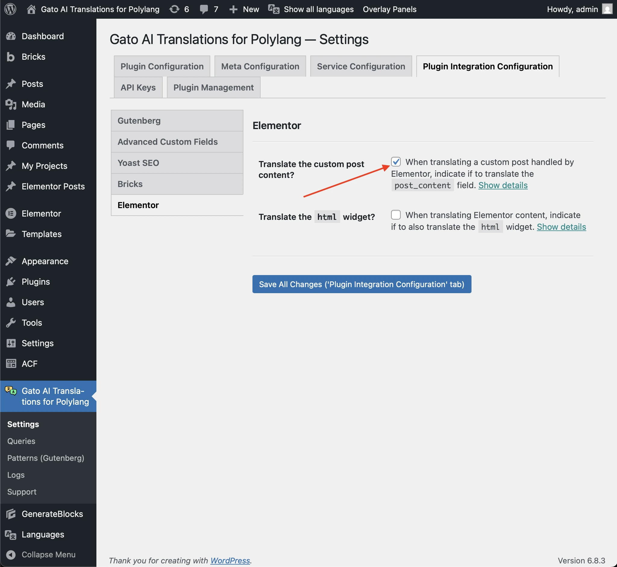 Configurando a opção 'Translate content' para o Elementor