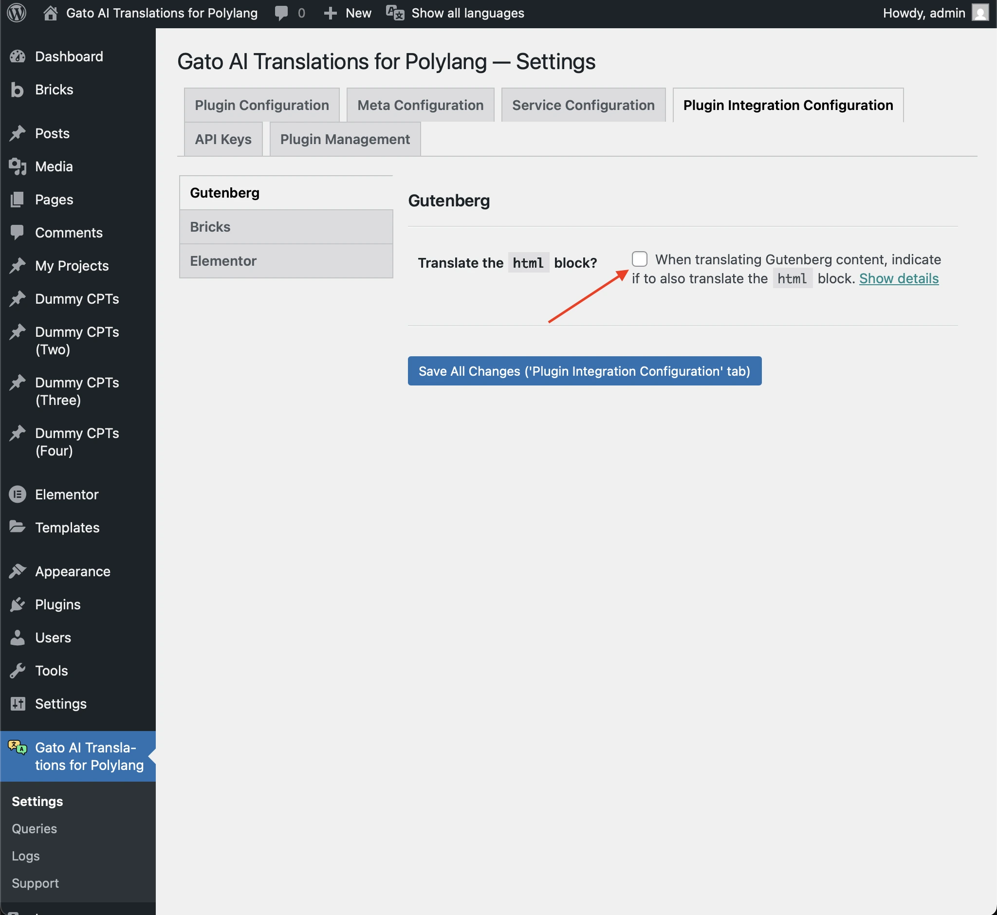 Habilitar tradução de bloco HTML do Gutenberg nas configurações