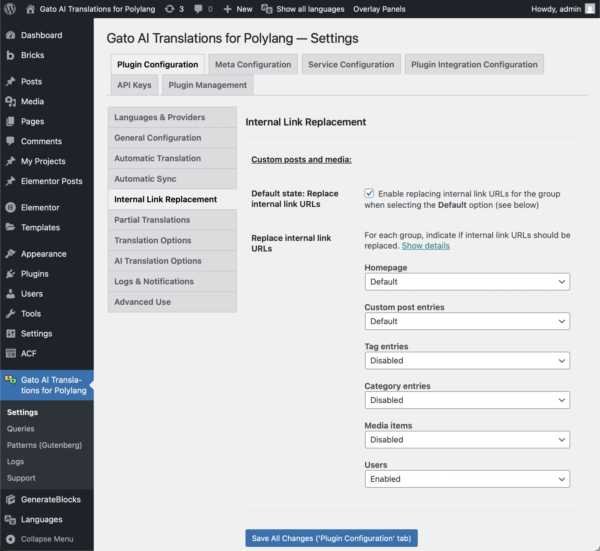 Página de Configurações para substituir links internos