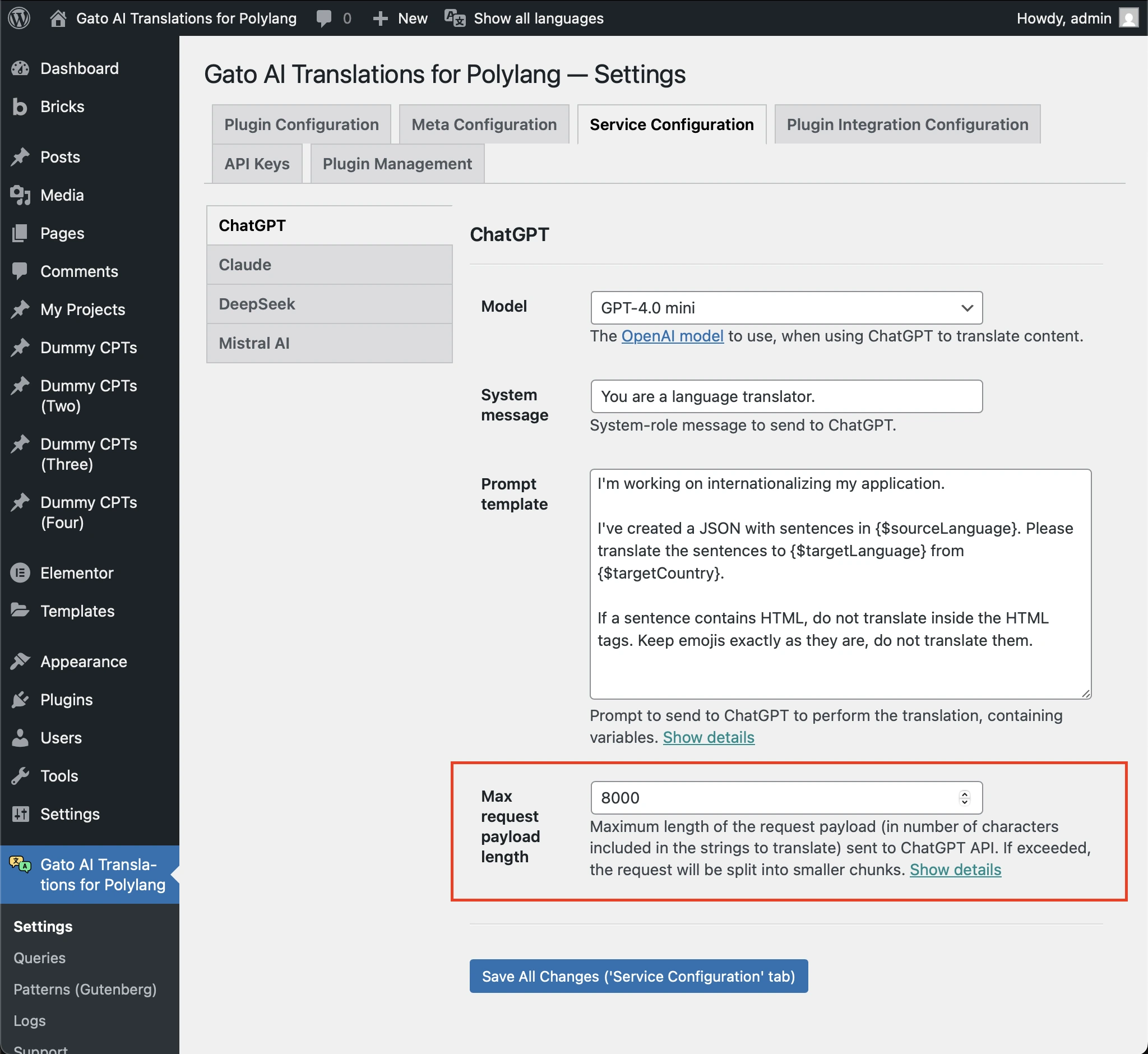 Configurando a opção 'Max request payload length'
