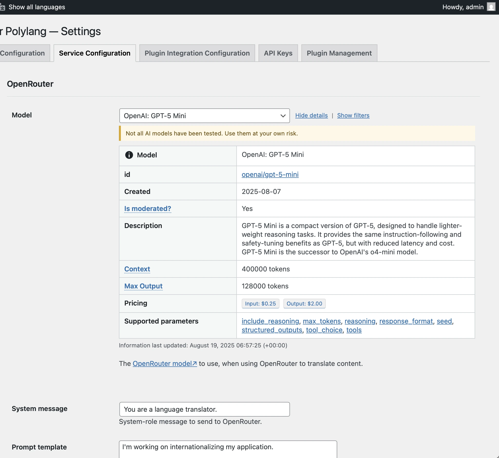 Exibindo os detalhes de um modelo de IA disponível no OpenRouter