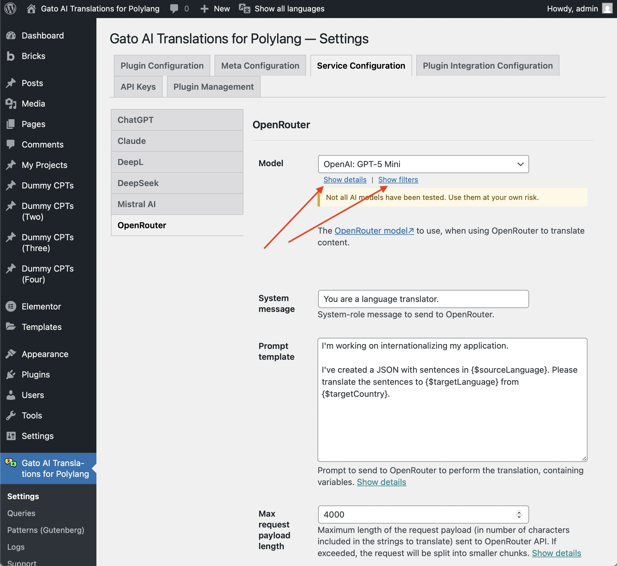 Links para exibir detalhes e filtros dos modelos de IA