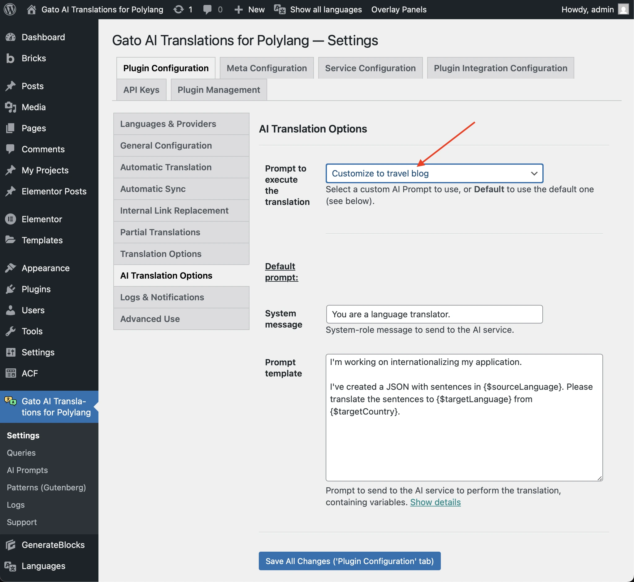 Selecionando um AI Prompt nas configurações