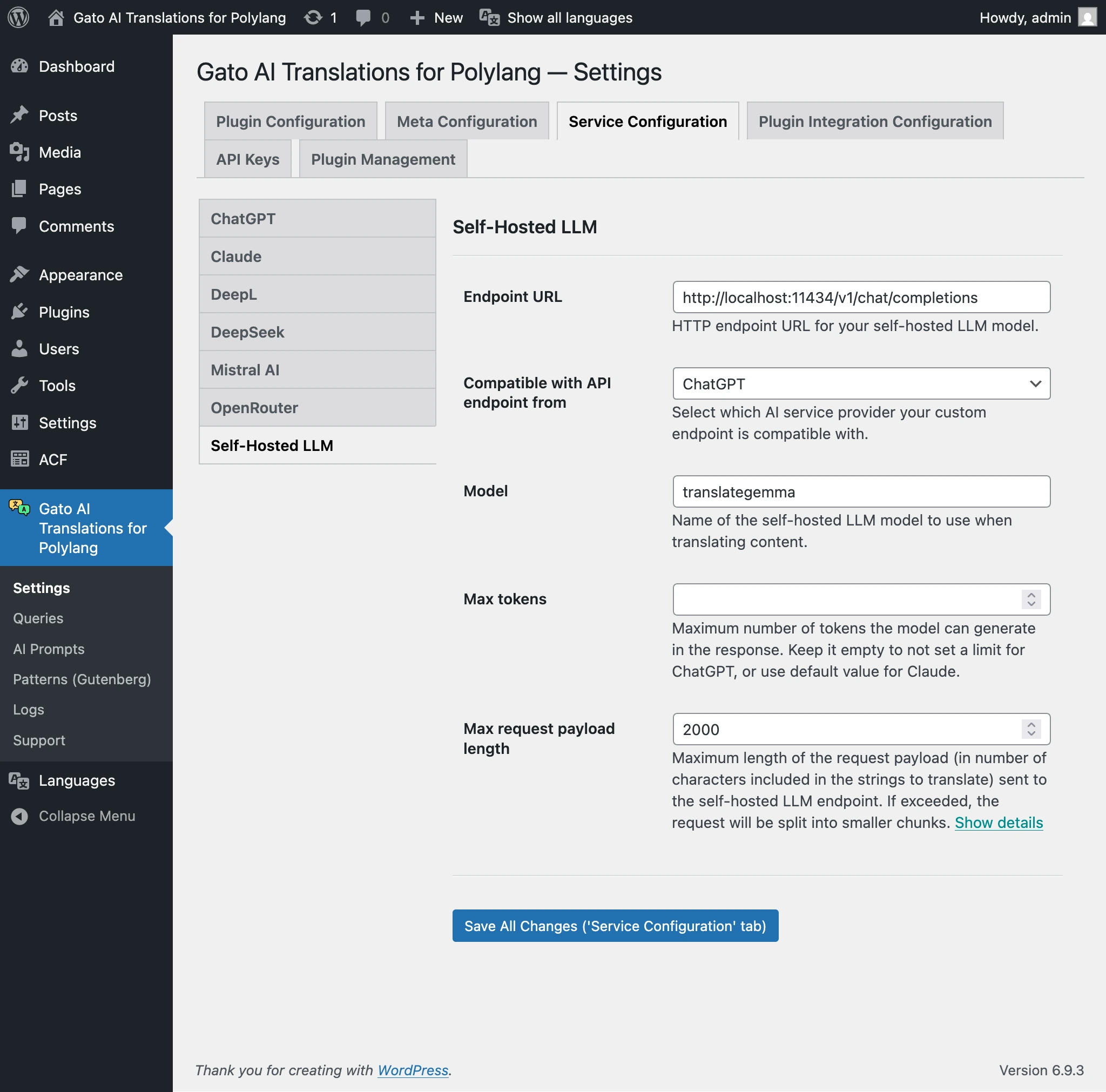 Configurando um LLM auto-hospedado nas Configurações