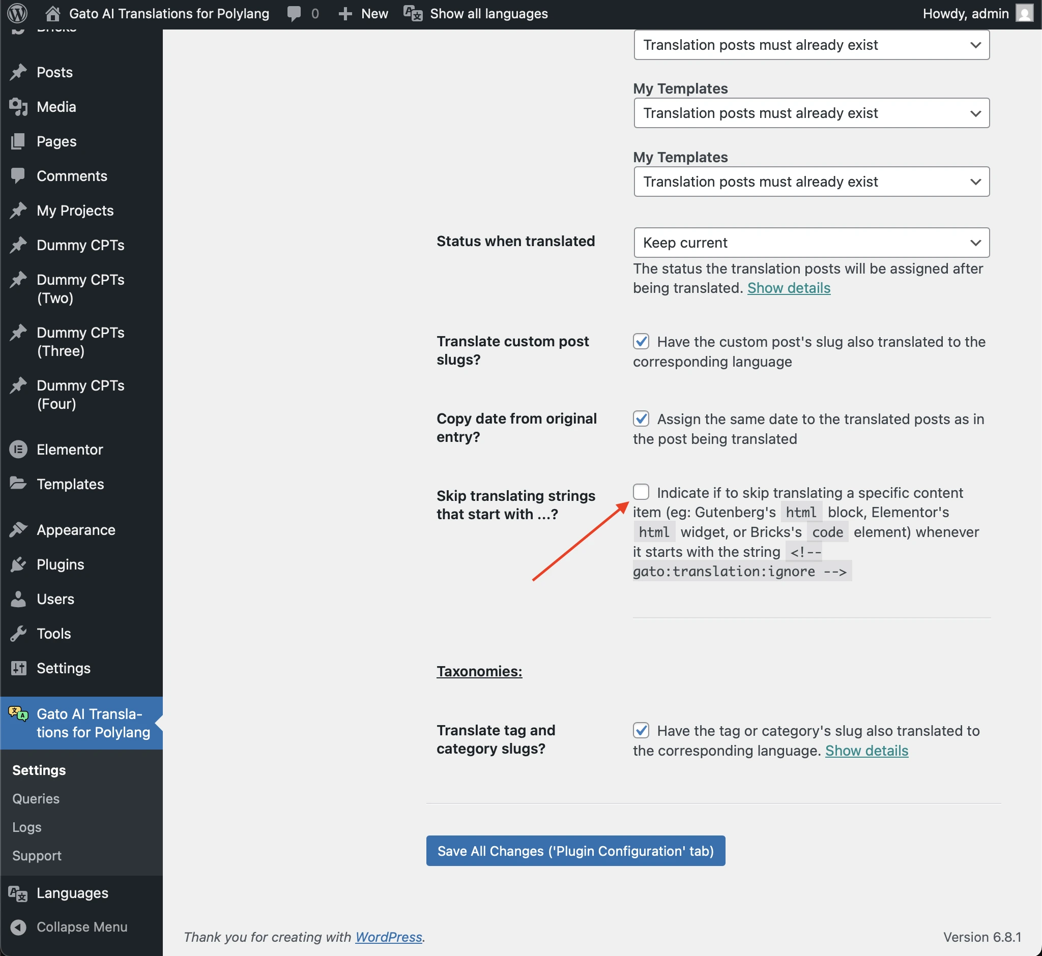 Ignorar tradução de strings nas configurações