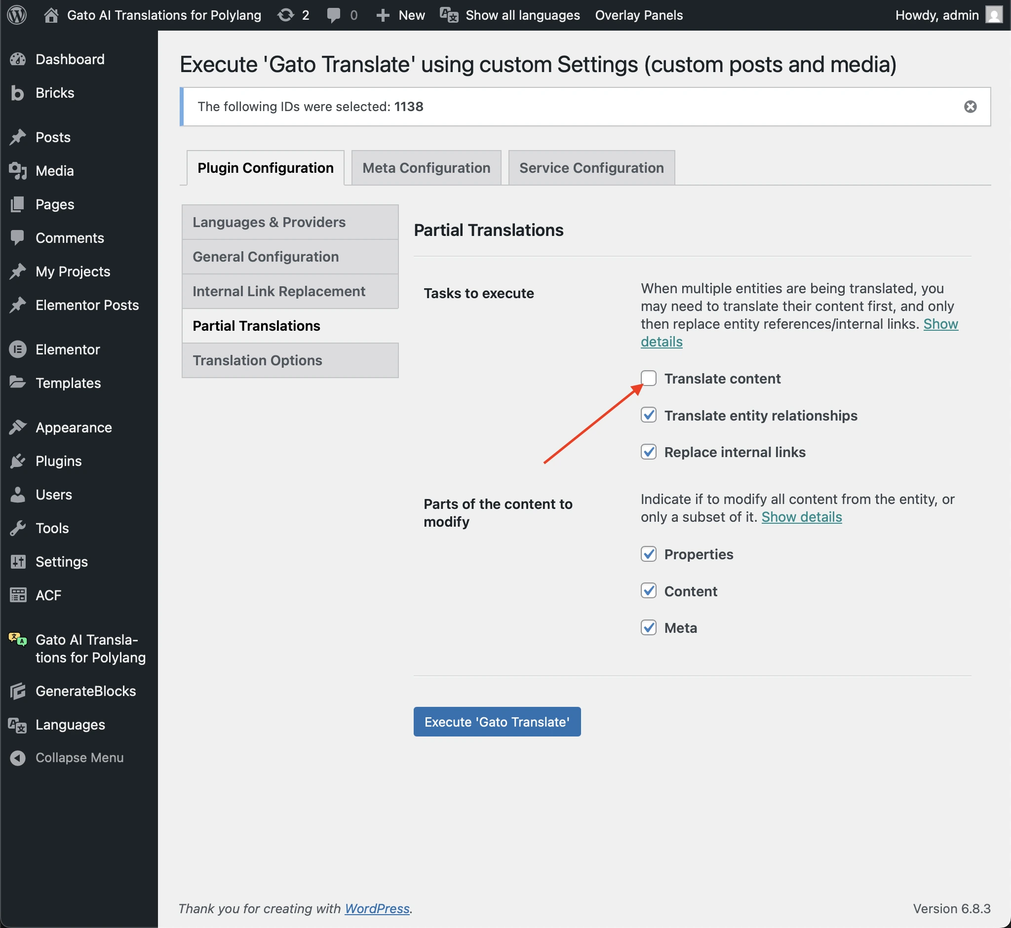 Desativando a opção 'Translate content'