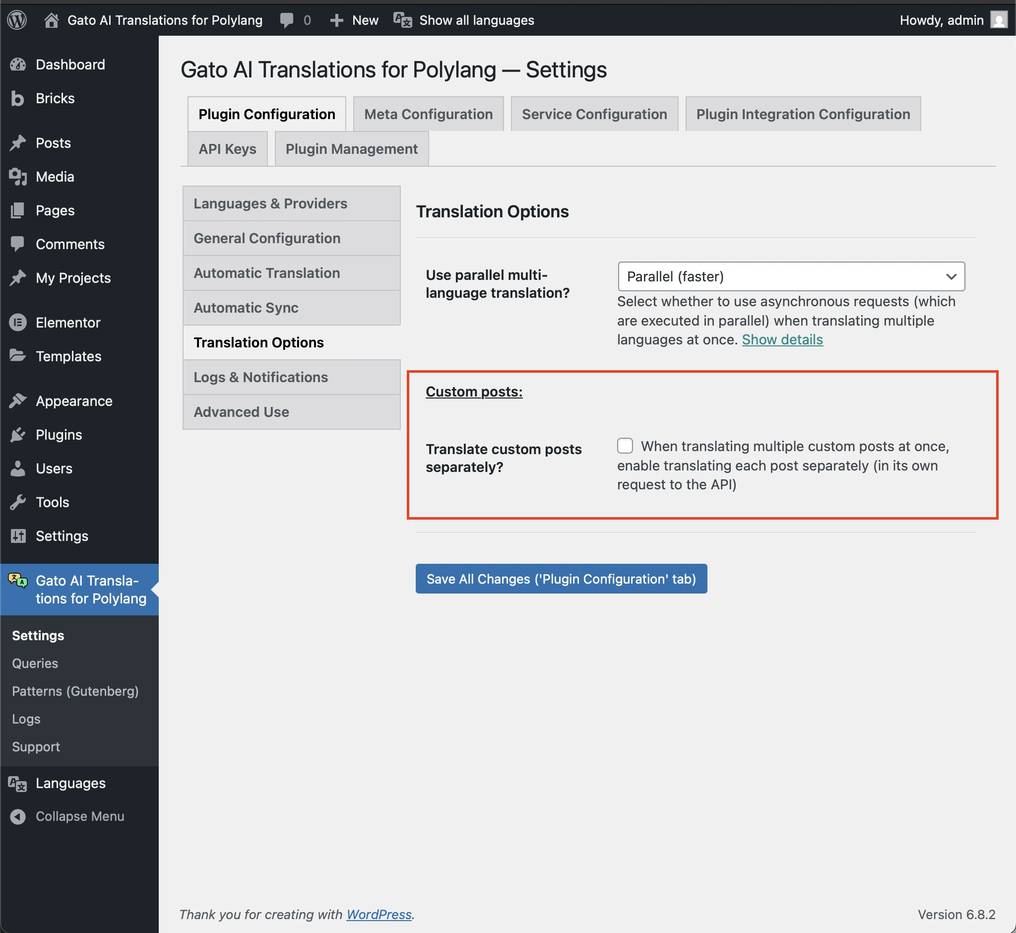 Opção 'Translate custom posts separately?' nas Configurações