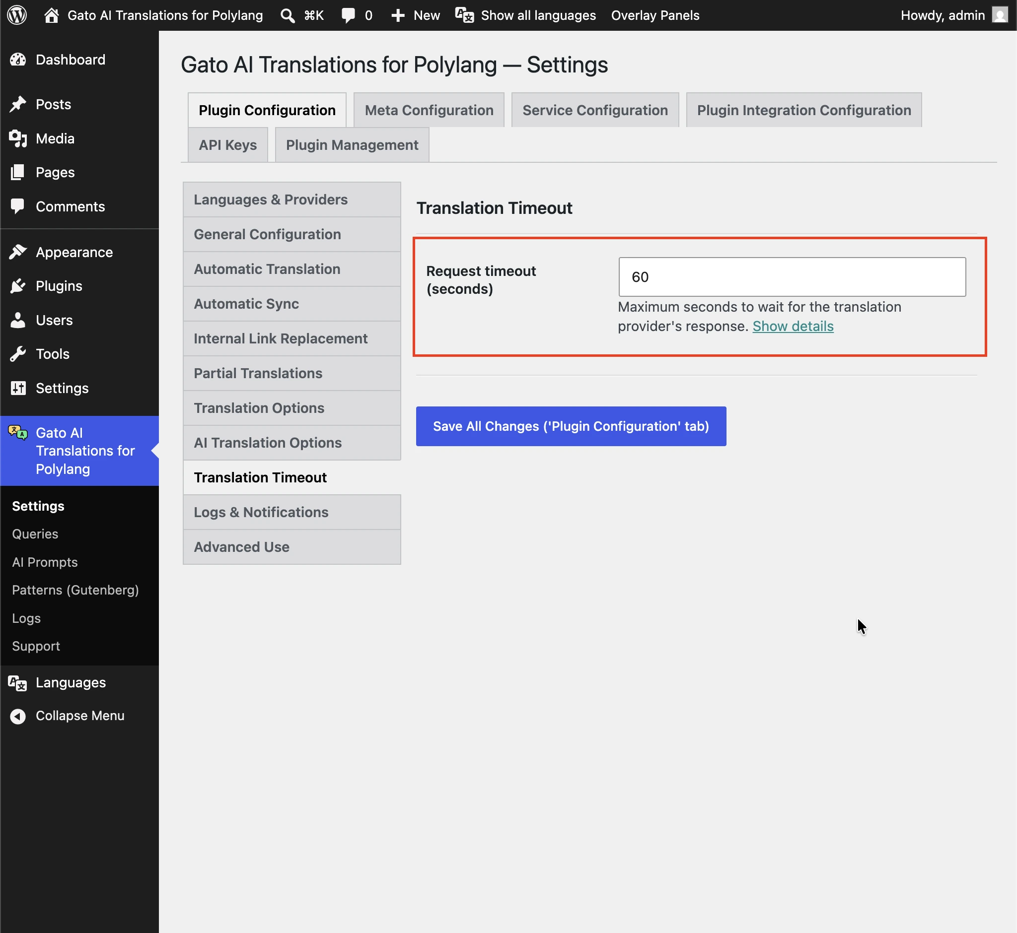 Configurando a opção Translation Timeout