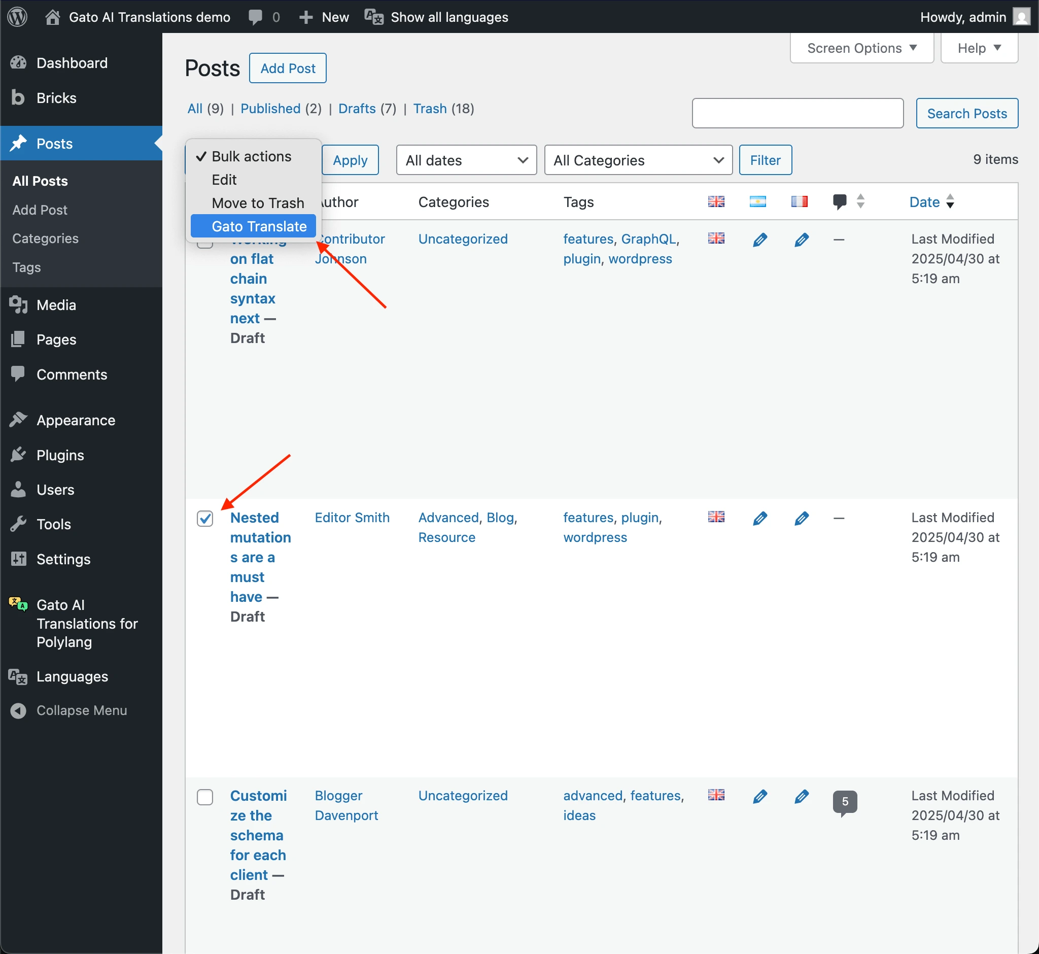 Traduzindo múltiplos posts de uma vez via Bulk Actions → Gato Translate