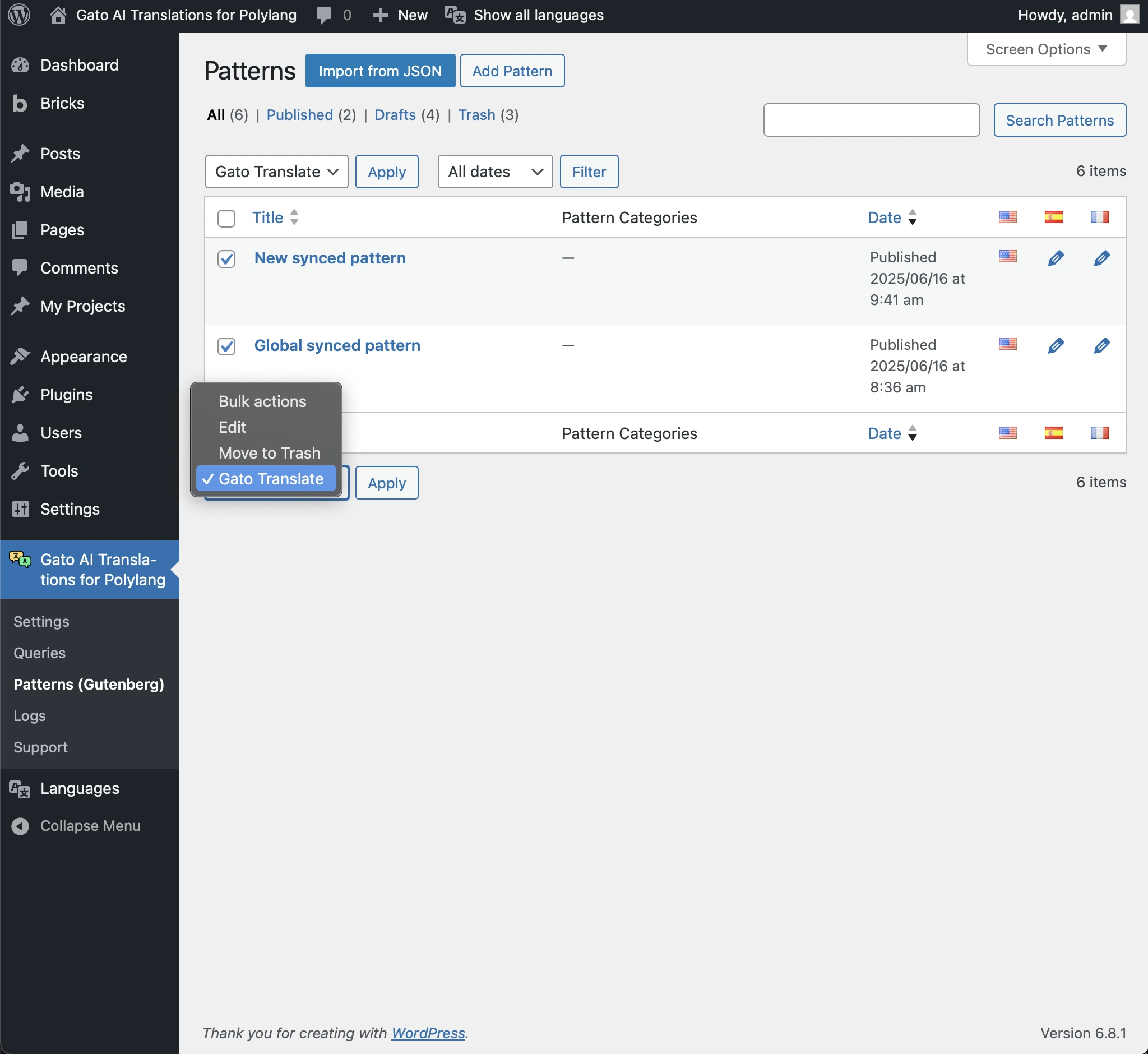 Traduzindo padrões via Bulk Actions