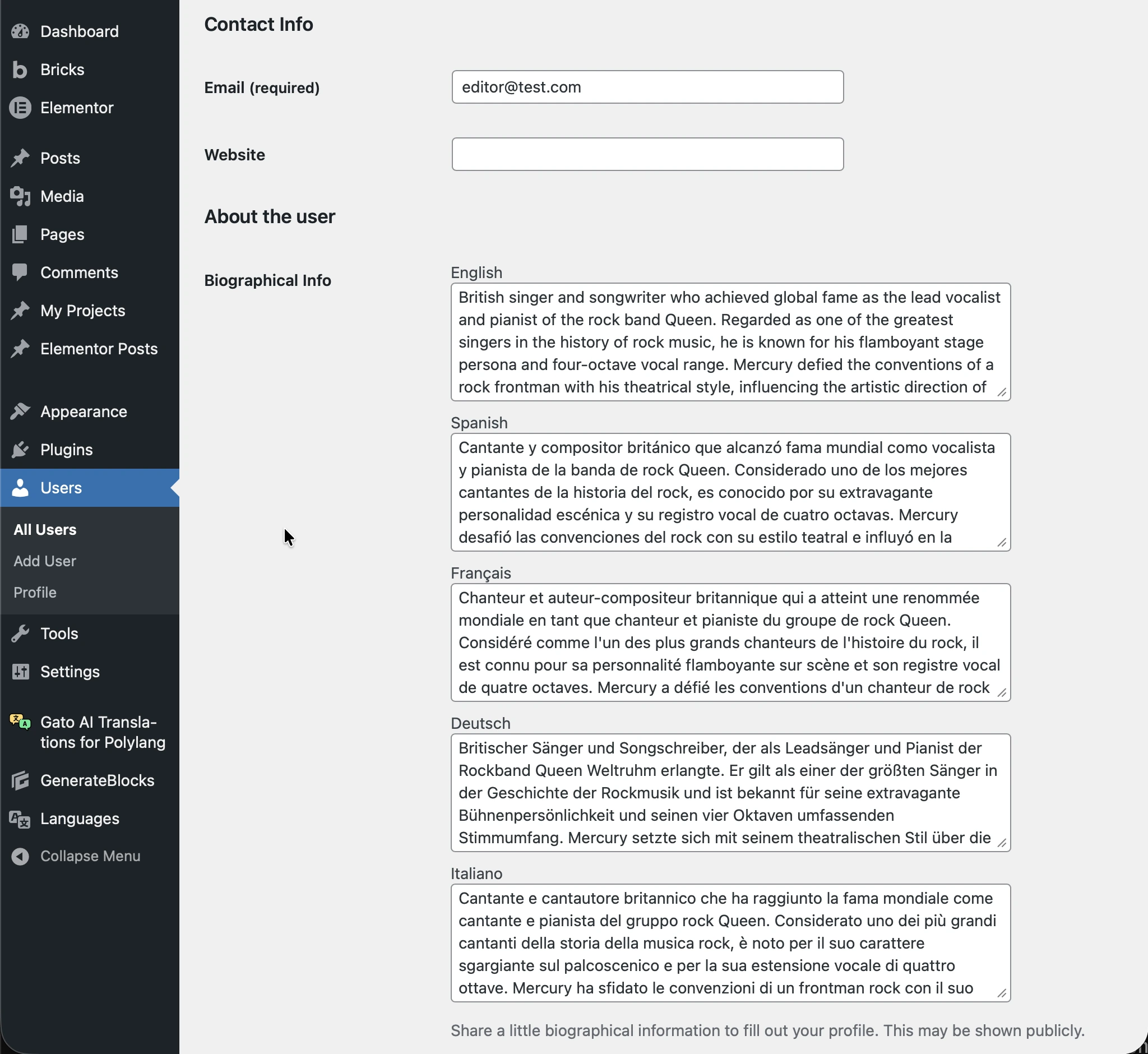 Perfil de usuário com descrição traduzida