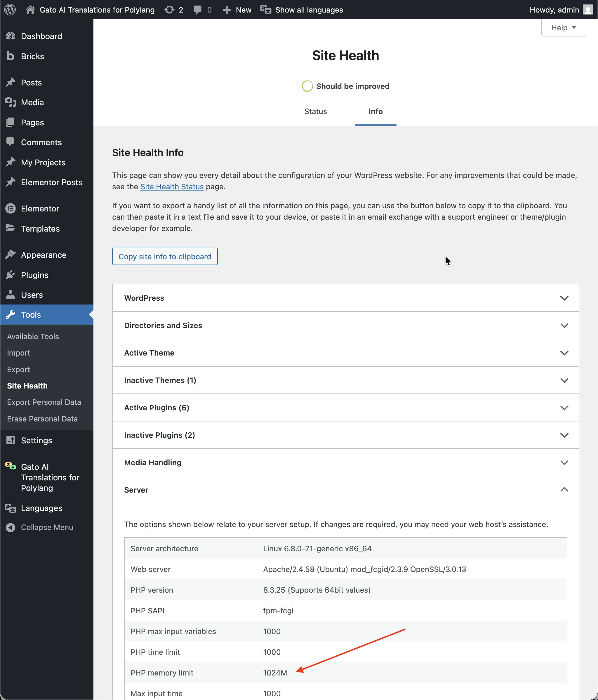 Verificando o limite de memória do PHP na Saúde do site do WordPress