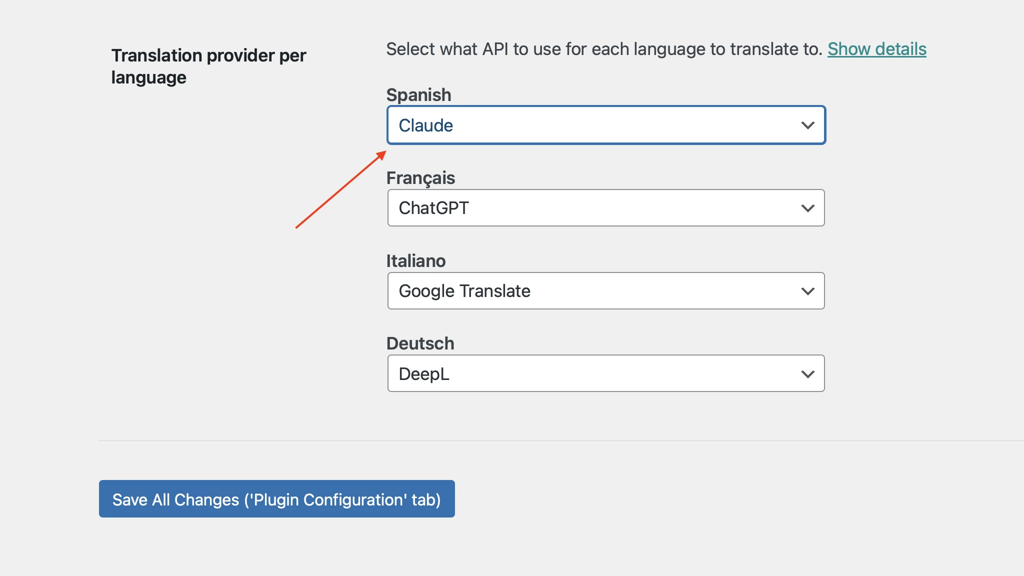 Selecionando o provedor para cada idioma