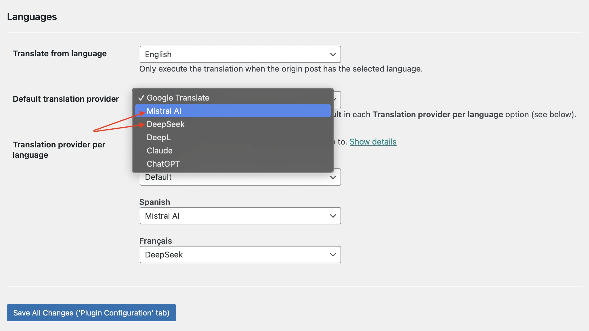 Selecionando o provedor para cada idioma