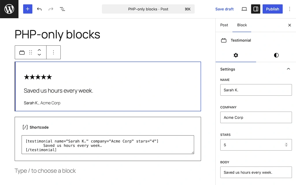 Exemplo de bloco personalizado do WordPress criado somente com PHP