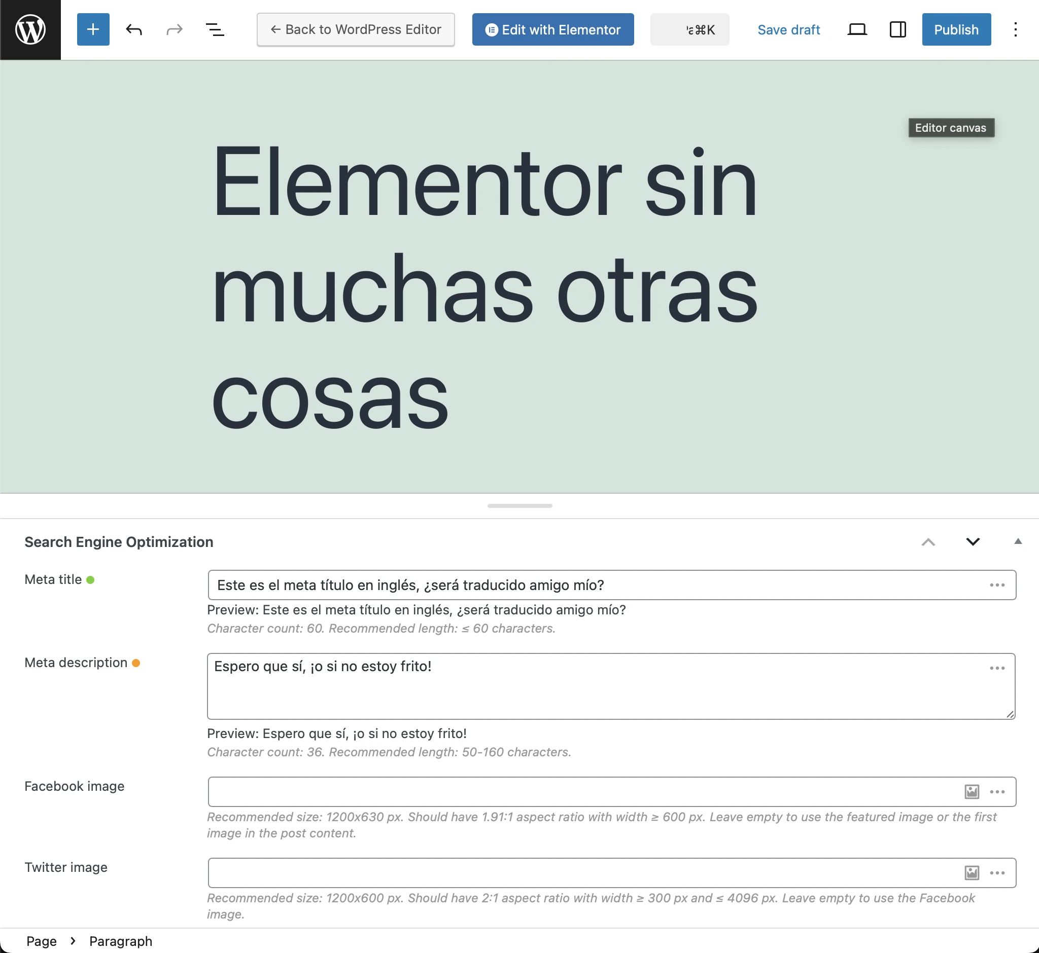 Página traduzida para o espanhol, com os meta do Slim SEO traduzidos