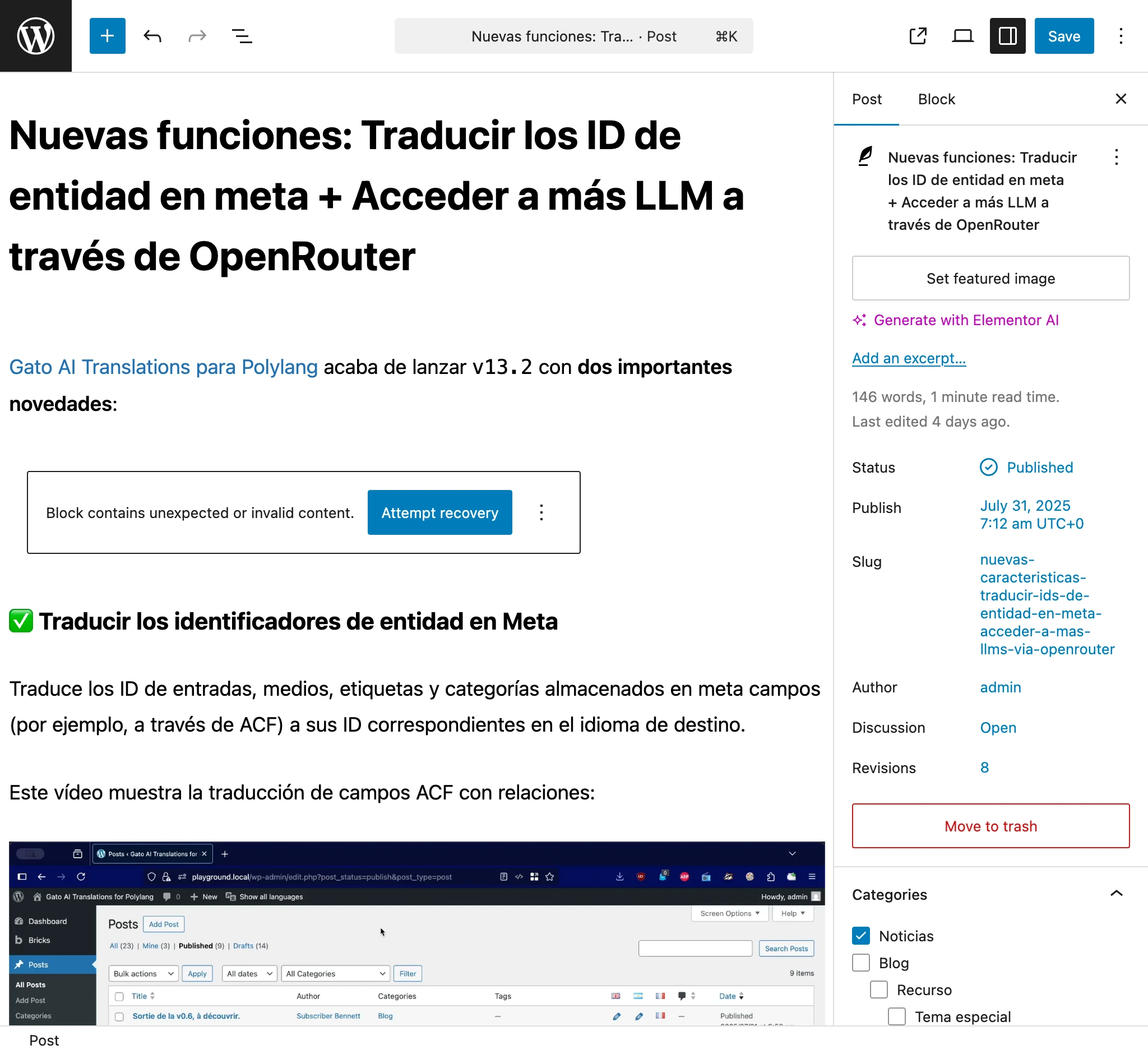 Bloco corrompido exibindo mensagem de conteúdo inválido