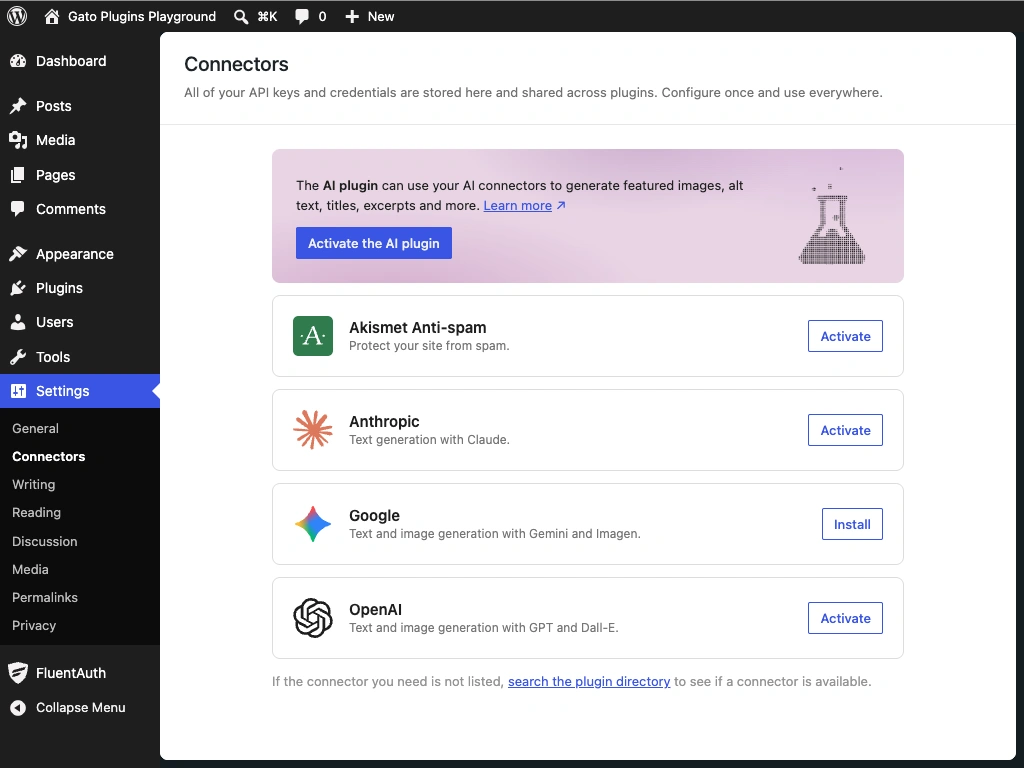 Tela de administração dos conectores de IA do WordPress