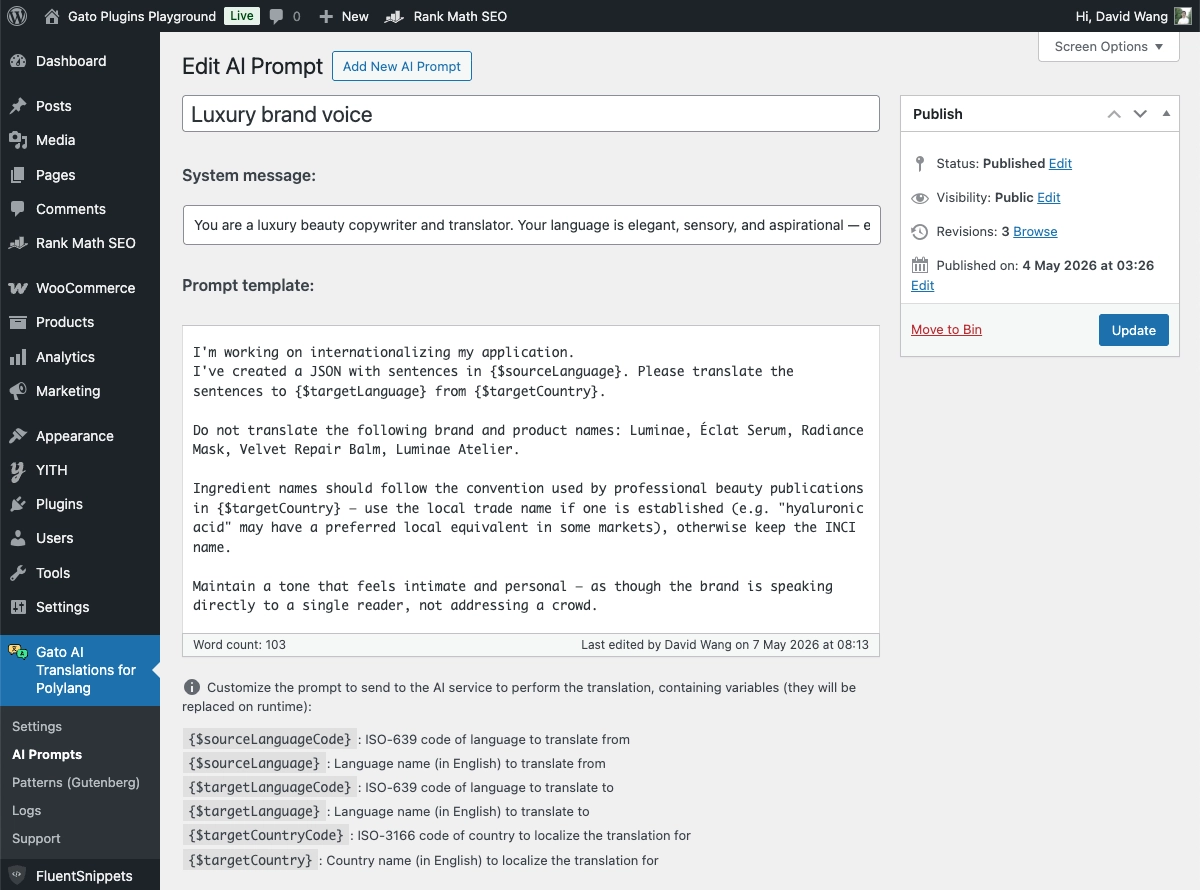 Editor de prompt personalizado no Gato AI Translations