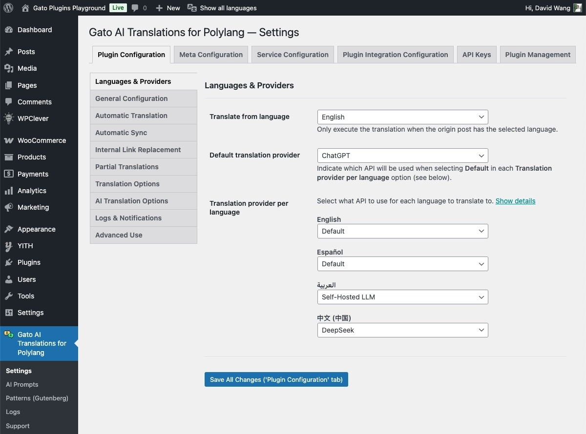 Configurações de seleção de provedor no Gato AI Translations