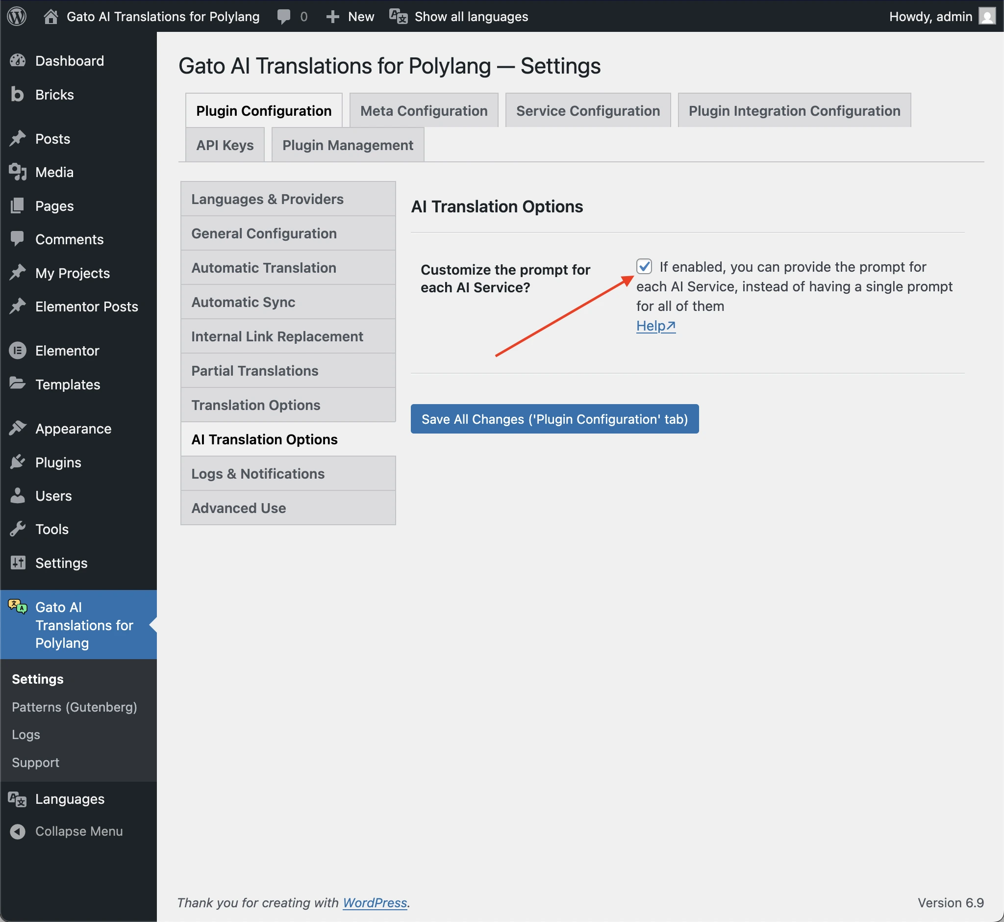 Verificando se personalizar o prompt para cada serviço de IA nas configurações